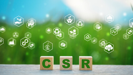Corporate and community social responsibility give back CSR icon concept on green nature background.