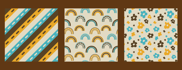 Set of 1970 groovy seamless vector pattern background. Warm retro abstract wallpaper, 70s rainbow, daisy flower, stripes