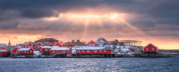 Norwegian fishing village and sea coast at sunset - obrazy, fototapety, plakaty