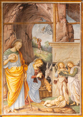 VARALLO, ITALY - JULY 17, 2022: The renaissance fresco of Nativity in the church Chiesa Santa Maria delle Grazie  by Gaudenzio Ferrari (1513).