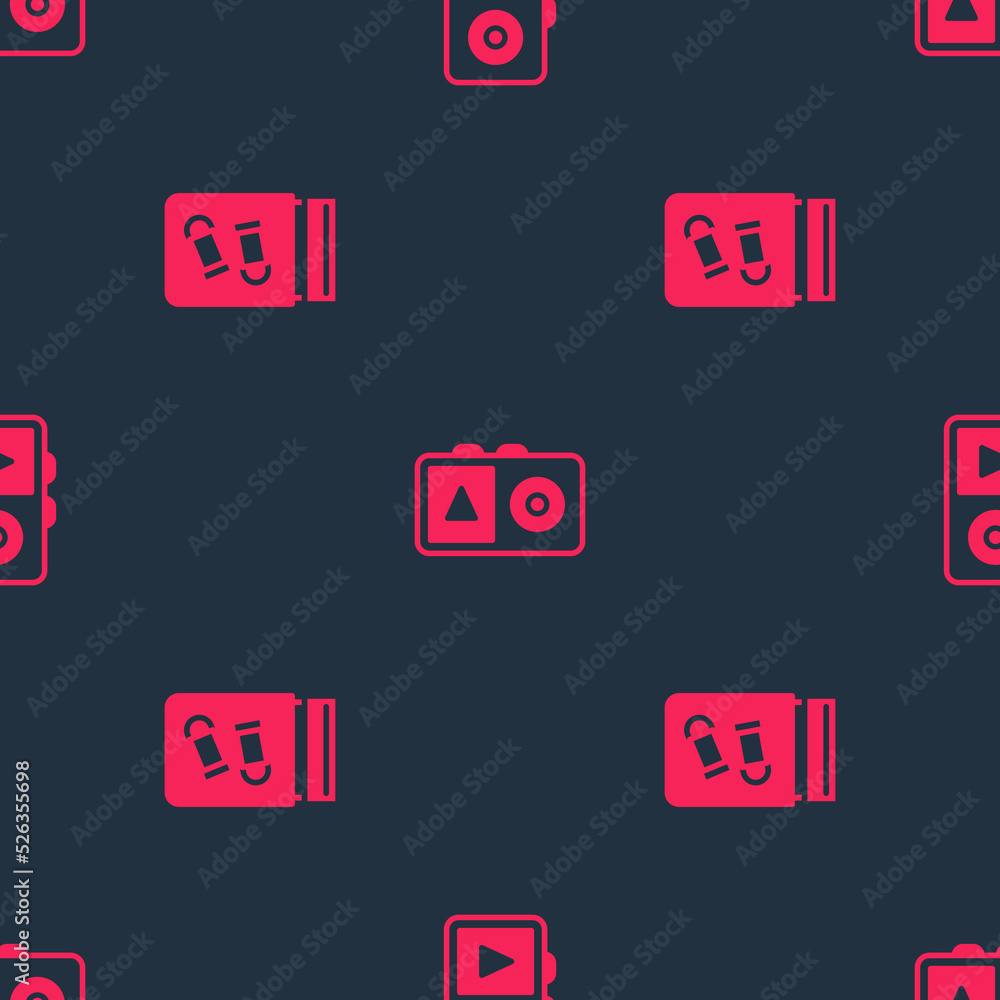 Aufkleber set evidence bag with bullet and music player on seamless pattern. vector