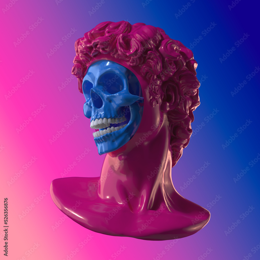 Poster abstract digital illustration from 3d rendering of a plastic classical pink head bust with face remo