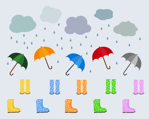 Autumn rainy set with accessories and decorative elements. fall seasonal rainy objects in flat vector illustration.Vector illustration of umbrella, clouds, drops, gum boots