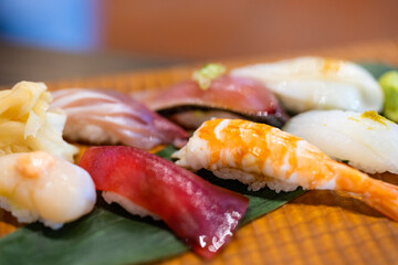 Sushi set in Japanese restaurant
