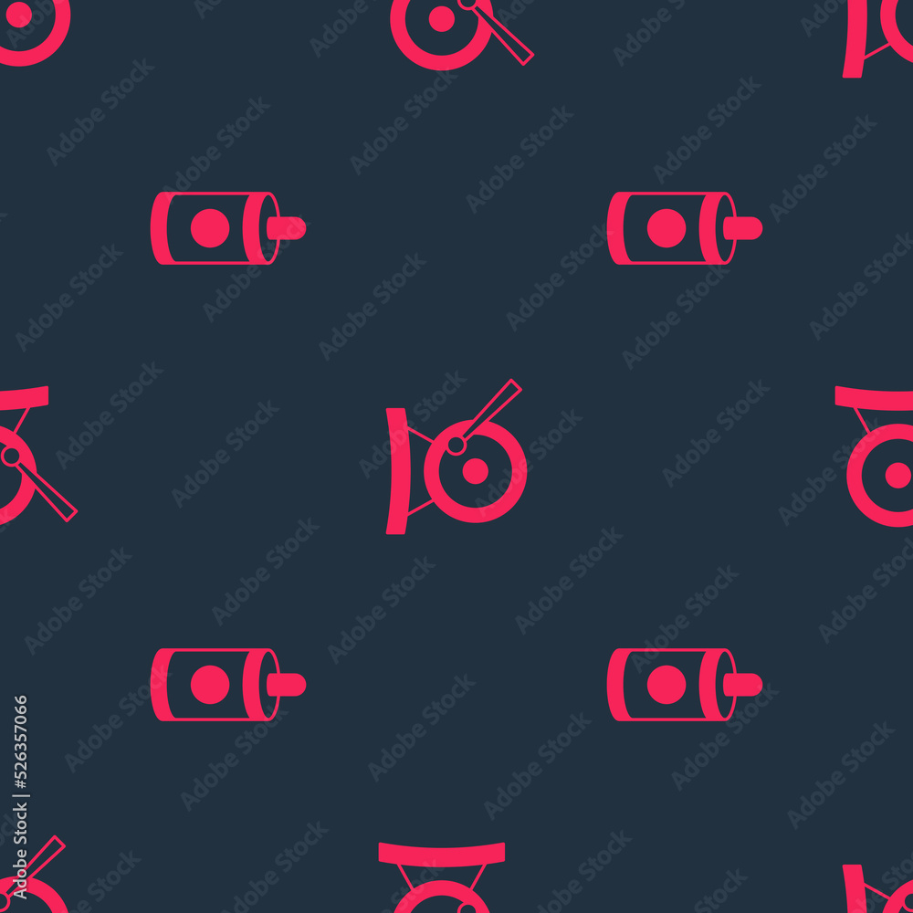 Poster set firework and gong musical instrument on seamless pattern. vector