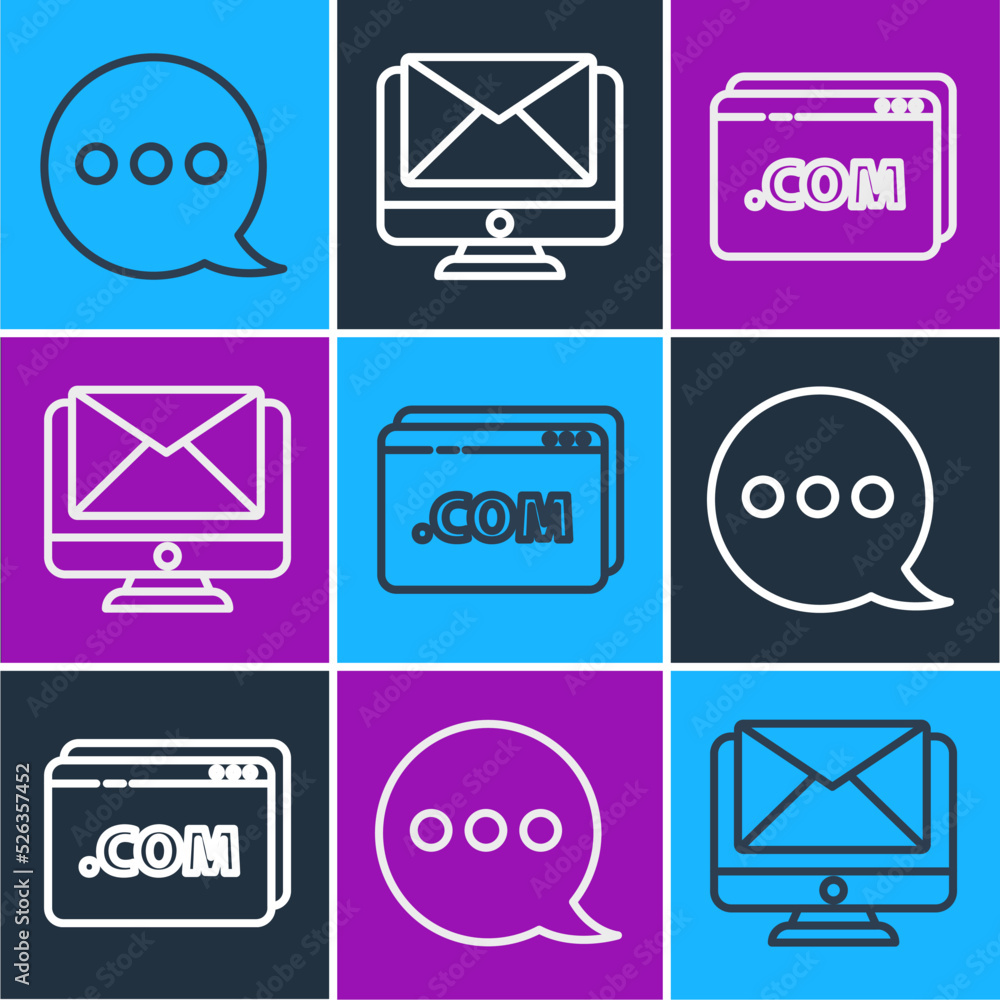 Aufkleber set line speech bubble chat, website template and monitor and envelope icon. vector