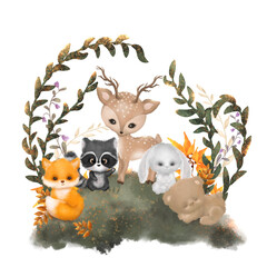 Woodland cute animals baby clipart deer bear fox, Watercolor illustration, Png transparent background