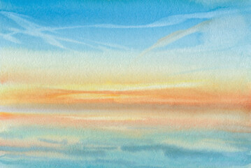 Paysage marin à l& 39 aquarelle, coucher de soleil sur l& 39 océan, arrière-plan abstrait sur papier texturé peint au pinceau