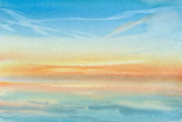 Schilderijen op glas Aquarel zeegezicht, zonsondergang over de oceaan, abstracte achtergrond op geweven papier geschilderd met een penseel © Sergei