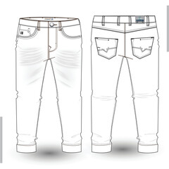 Denim Pant flat sketch design. Denim long pant Technical Fashion Illustration. Denim pant technical sketch for tech pack design and mockup 