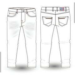 Denim Pant flat sketch design. Denim long pant Technical Fashion Illustration. Denim pant technical sketch for tech pack design and mockup 