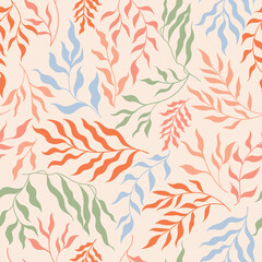 Vector botanical seamless pattern with color branches, leaves isolated on white background.