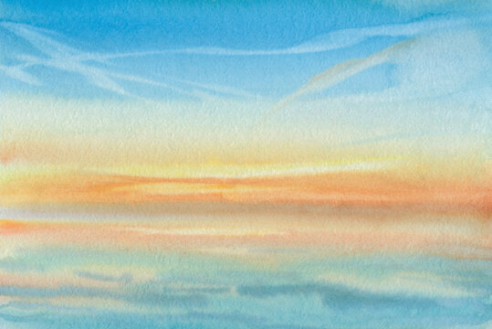 Watercolor seascape, sunset over the ocean, abstract background on textured paper painted with a brush