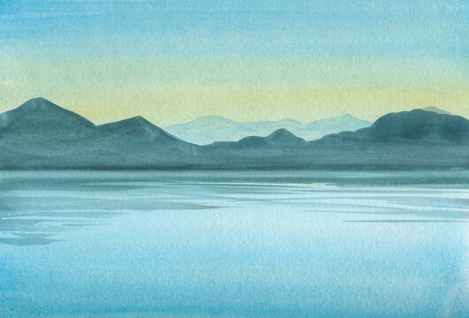 Watercolor landscape with mountains on the horizon. Abstract marine background. Graphic illustration of sunset and sea.