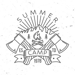 Summer Camp. Vector illustration. Concept for shirt or logo, print, stamp or tee. Vintage line art typography design with axe, campfire, forest and mountain silhouette. Camping quote.