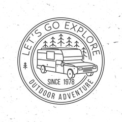 Let s Go Exploring. Vector illustration Concept for shirt or logo, print, stamp or tee. Vintage line art typography design with camper rv and forest silhouette. Camping quote. Outdoor Adventure.