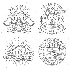 Fototapeta premium Set of camping badges. Vector illustration. Concept for shirt or logo, print, stamp or tee. Vintage line art typography design with camping caravan car, tent, mountain, axe and forest silhouette.