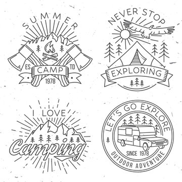 Set of camping badges. Vector illustration. Concept for shirt or logo, print, stamp or tee. Vintage line art typography design with camping caravan car, tent, mountain, axe and forest silhouette.