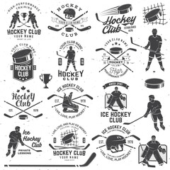 Ice Hockey club logo, badge design. Concept for shirt or logo, print, stamp or tee. Winter sport. Vintage typography design with player, sticker, puck helmet and skates silhouette. Vector. - obrazy, fototapety, plakaty