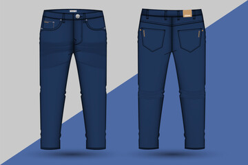 Denim pant design and mockup. Men's trousers technical fashion illustration. Denim pant technical sketch for tech pack design front and back view with denim pocket