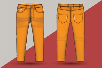 Denim pant design and mockup. Men's trousers technical fashion illustration. Denim pant technical sketch for tech pack design front and back view with denim pocket