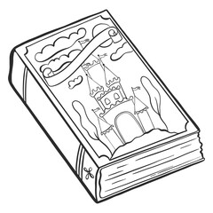 Book with a fairytale castle on the cover. Drawing line doodle. Clipart png.