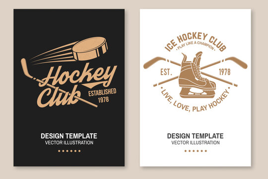 Ice Hockey club logo, badge design. Concept for shirt or logo, print, stamp or tee. Winter sport. Flyer, brochure, banner, poster with player, sticker, puck helmet and skates silhouette. Vector.