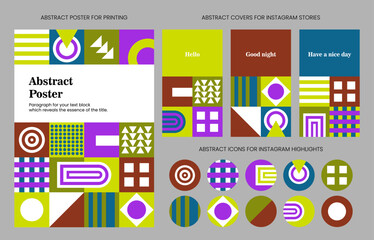 Fototapeta na wymiar Vector set for web and print: poster, Instagram story covers and highlights icons in abstract style. Bright and dynamic banners with elements of geometric shapes for use in business, marketing, etc.