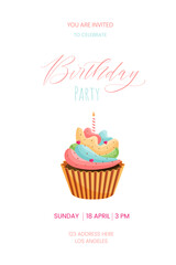 Birthday card with cupcake. Vector illustration. Postcard, card. cover, invitation template.