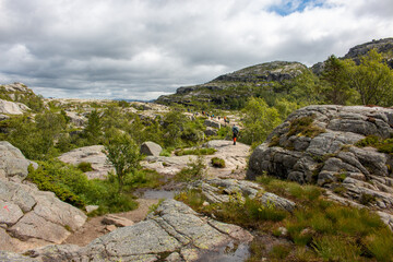 Fototapeta na wymiar Rock Formations and landscape at Prekestolen (Preikestolen) in Rogaland in Norway (Norwegen, Norge or Noreg)