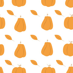 illustration of a seamless pattern of pumpkins and autumn leaves as a background for gift wrapping, a print for clothes and utensils, the concept of autumn and the holiday of halloween.  banners 