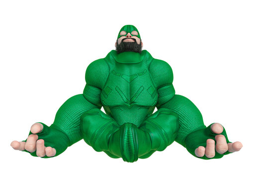 super hero cartoon with beard on suit is relaxing and doing yoga