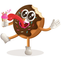 Cute donut mascot eat ice cream, ice cream cone. Perfect for food store, small business or e-Commerce, merchandise and sticker, banner promotion, food review blog or vlog channel