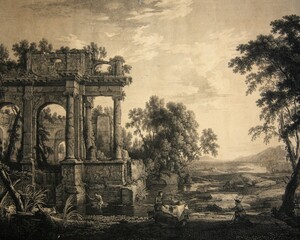 Pastoral scenery with ruin. 1700 century engraving after Pierre-Antoine Patel (1648 - 1707) 