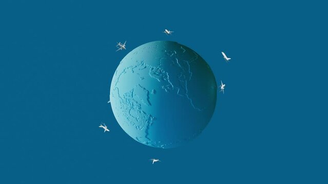 The movement of aircraft around the Earth, color, loop, 3d animation.	