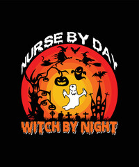  Halloween background with pumpkin and bats/Nurse By Day Witch By Night/Halloween T-shirt Design
