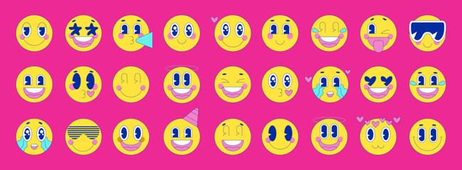 Retro style emoji stickers set.Vector illustration psychedelic style