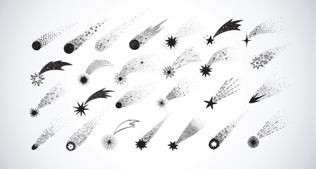 Collection of doodle comets, meteorites and shooting stars on white background. Vector sketch illustration. - obrazy, fototapety, plakaty
