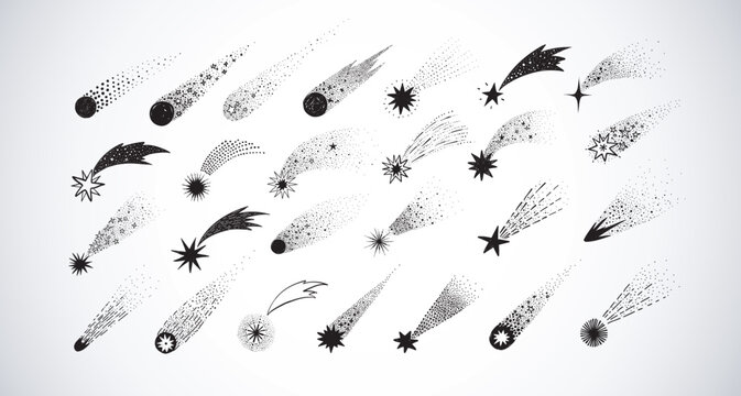 Collection of doodle comets, meteorites and shooting stars on white background. Vector sketch illustration.
