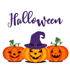 Halloween spooky smiling pumpkins cute vector icon. Horror Autumn holiday symbol isolated on white background. Scary pumpkin, witch hat cartoon design element illustration. Halloween party invitation