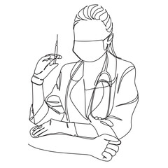Medical team workers in hospital one line illustration.Containing assistant and cheking.One line vector drawing.