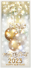 Fototapeta na wymiar Merry Christmas, New 2023 year banner with golden xmas balls, vector illustration
