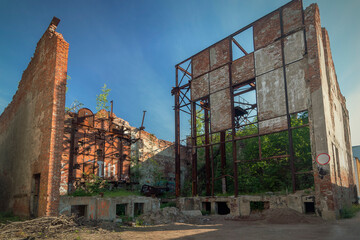 Fototapeta na wymiar A low angle shot of an old factory ruins with foliage in an industrial zone against the sky by summer day