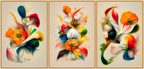 Triptych wall panel of bright bouquets of flowers in gold frames. 