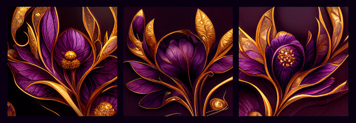 Triptych wall panel of purple flowers with golden leaves. 