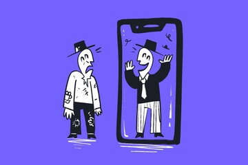 Hypocrisy of socials - Depressed person showing fake life on social networks - Comic illustration in cartoon style for web, banner, post, socials