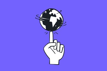 Hand holding planet Earth to show global success, leading, achievement  - Comic illustration in cartoon style for web, banner, post, socials
