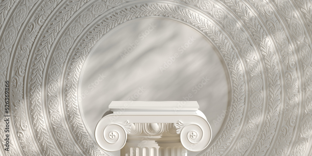 Wall mural classic luxury podium product background. 3d podium roman style and nature light shadow white backgr