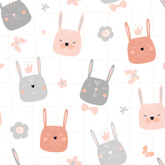 Seamless pattern with funny bunny faces. Cute summer print with baby rabbit with crowns and butterflies. Vector graphics.
