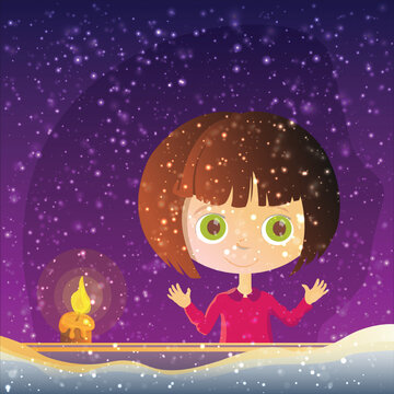 A little girl watches the snow falling from the window. Next to it is a glowing candle. Snow has accumulated in front of the window. Vector snowflakes and kid watching snow.